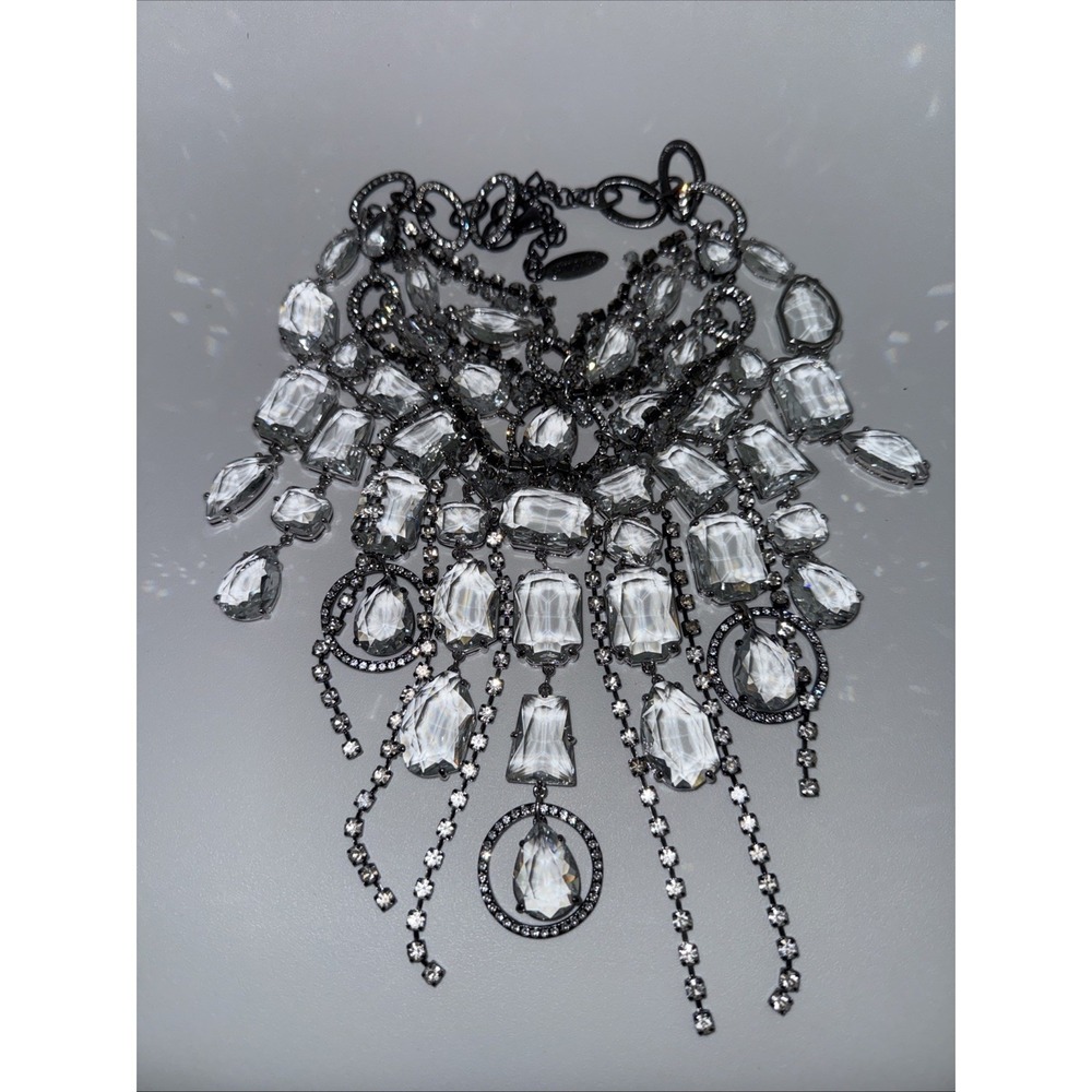 Chico's Black Nickel Haylee Bib Statement Necklace Clear Crystal Dangling